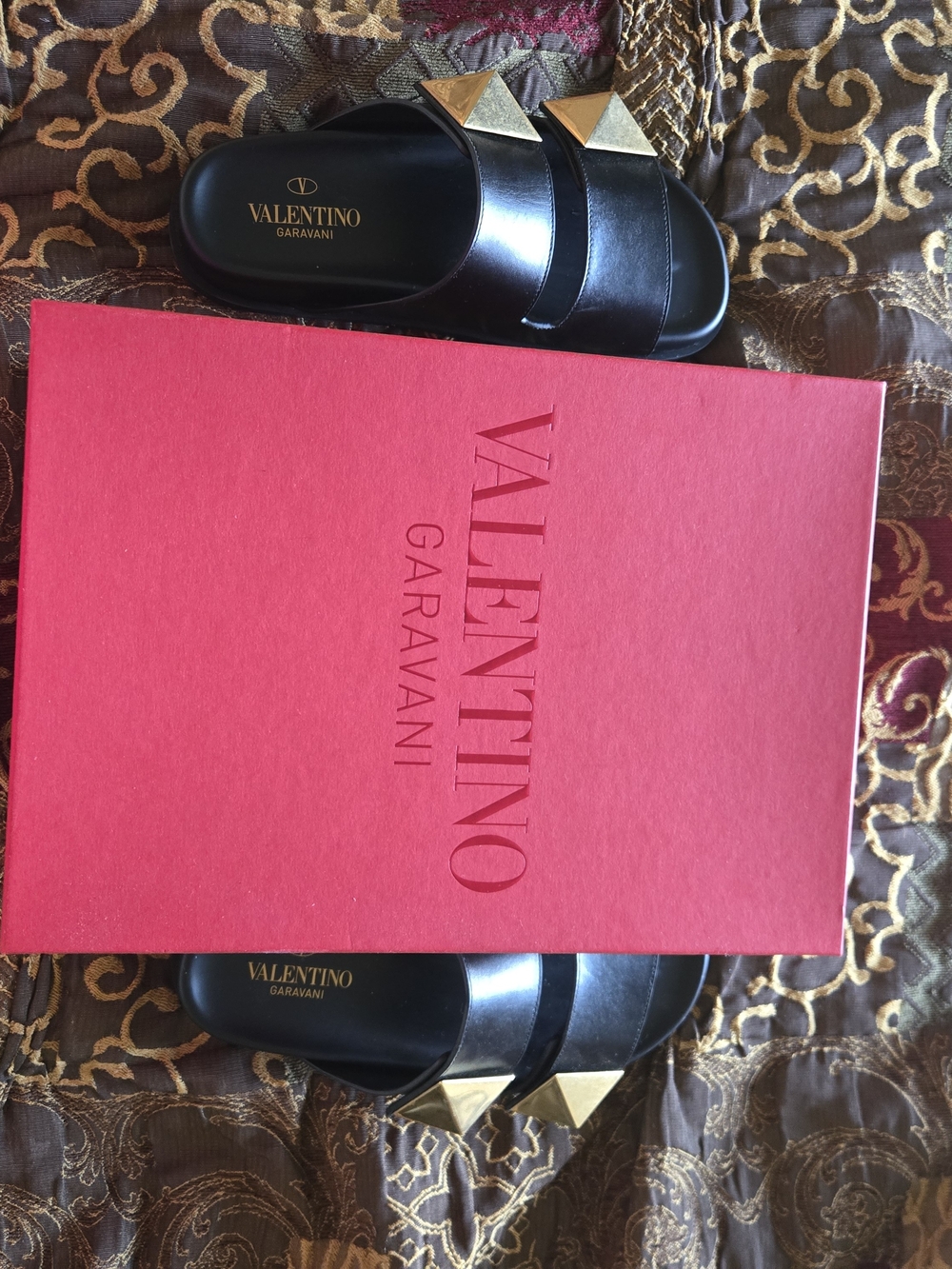 Valentino Garavani Black Slide Sandals with Gold Pyramid Studs - Picture 3 of 8